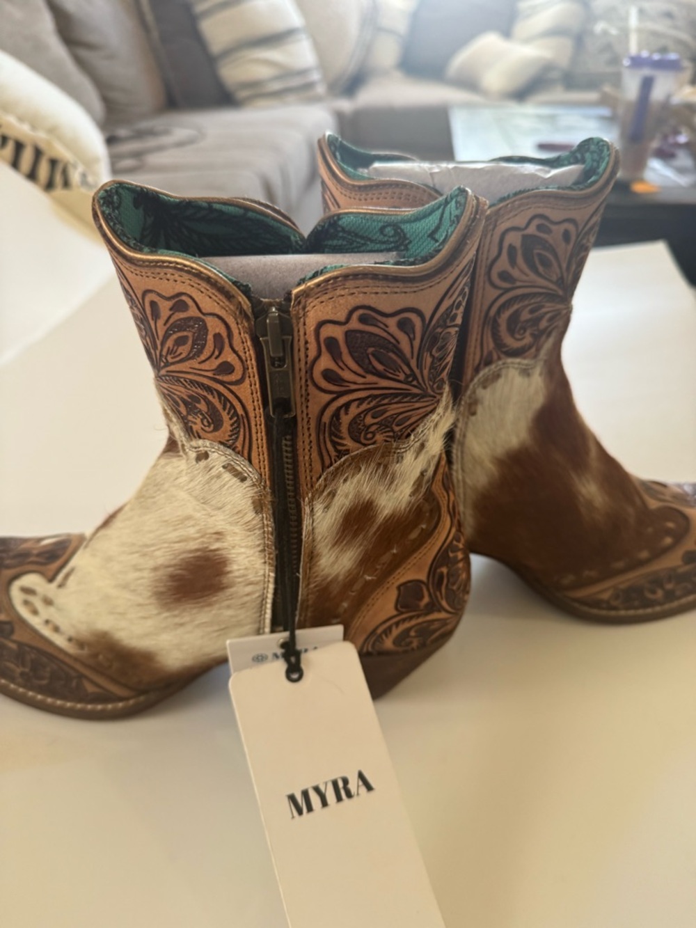 Myra Bag Brown & White Cowhide Tooled Leather Ankle Boots 8 - Picture 4 of 11